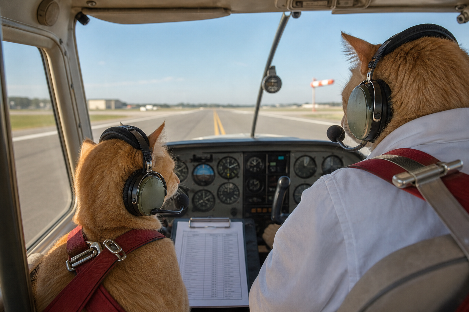 Two cats wearing aviation headsets in a small trainer aircraft on a sunny taxiway